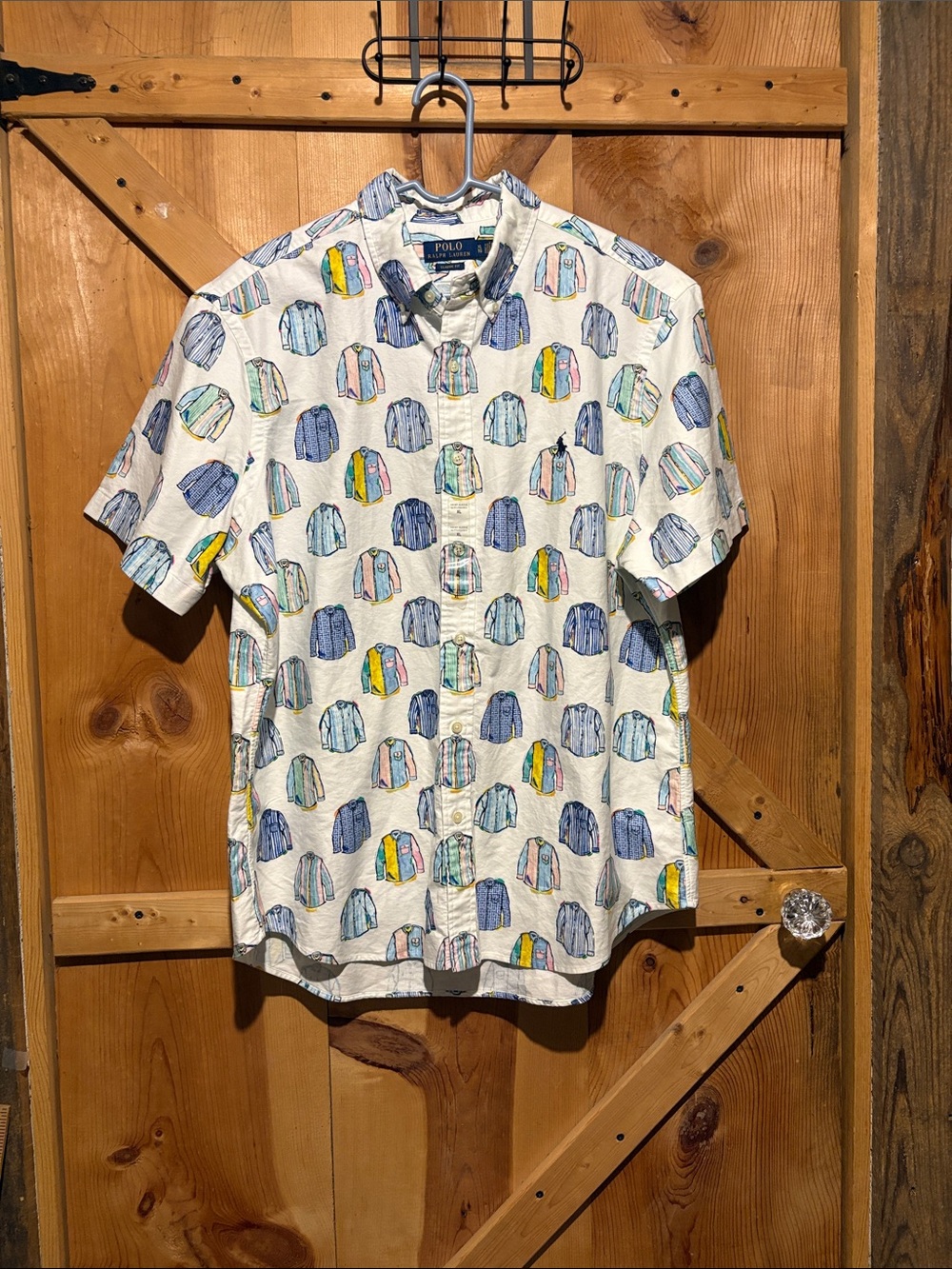 Ralph Lauren White Short-Sleeve Button-Down with Multicolor Jacket Motif